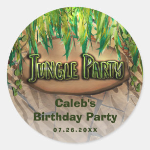 Sticker Rond FÊTE DE LA JUNGLE Faveur de fête avec feuilles et 