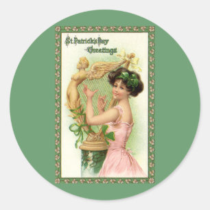 Sticker Rond Fête de la Saint-Patrick vintage Dame Musique Musi