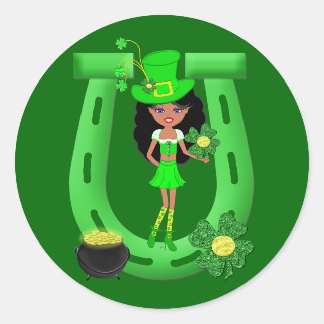 Sticker Rond Fête de la St Patrick Brunette Girl Leprechaun (Devant)