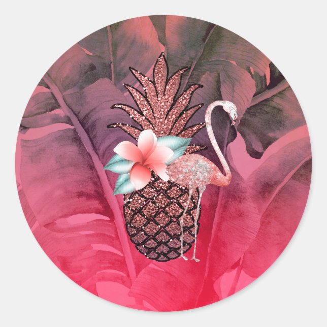 Sticker Rond Fête de luau d'ananas à paillettes tropicales rose (Devant)