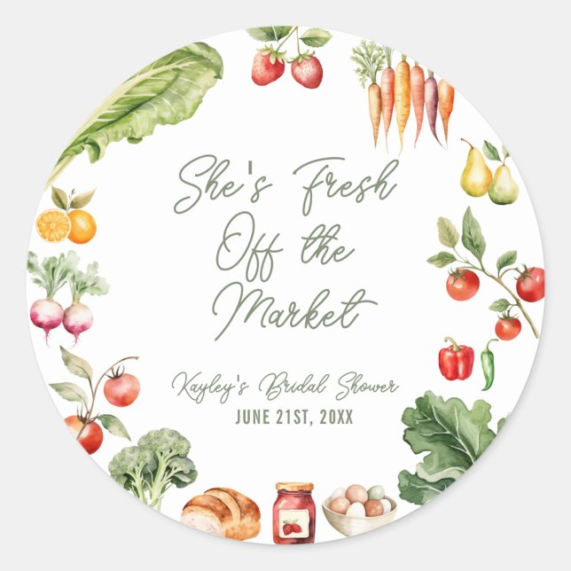 Sticker Rond Fête de mariage aux fruits et légumes frais du mar (Fresh off the market! These rustic farmer’s market bridal shower stickers are perfect for favor bags)