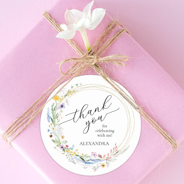 Sticker Rond Fête de mariage avec des fleurs sauvages (Wreath of wildflowers bridal shower round stickers)