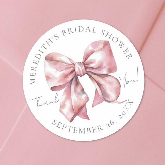 Sticker Rond Fête de mariage avec noeud rose pâle (Blush Pink Bow Bridal Shower Classic Round Sticker)