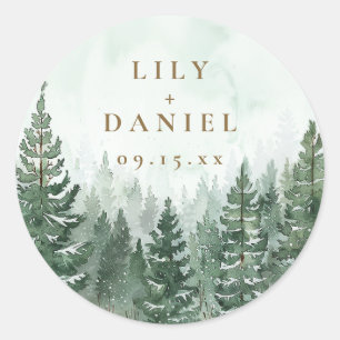 Sticker Rond Fête de mariage aventure forêt de pins bois cadeau