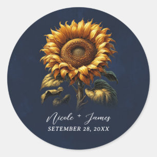 Sticker Rond Fête de Mariage Champêtre Bleu Tournesol