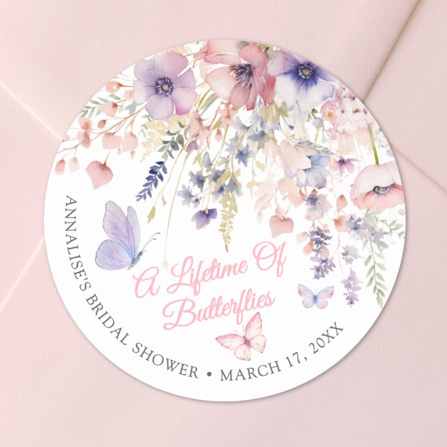 Sticker Rond Fête de mariage champêtre papillon (Butterfly Wildflower Bridal Shower Classic Round Sticker)