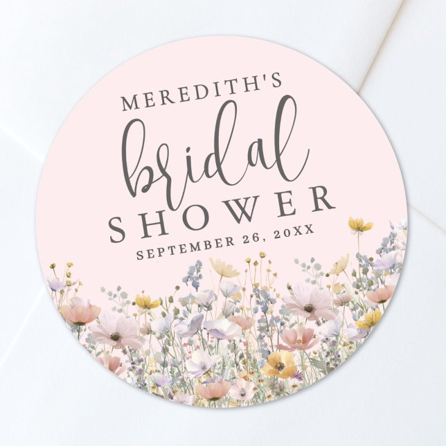 Sticker Rond Fête de mariage champêtre rose blush (Wildflower Blush Pink Bridal Shower Classic Round Sticker )