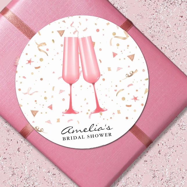 Sticker Rond Fête de mariage en rose champagne (Pink champagne bridal shower 3" round stickers)