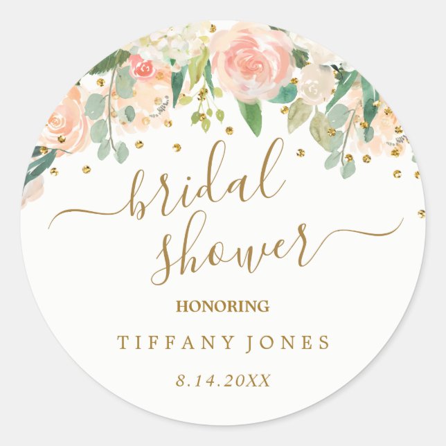 Sticker Rond Fête de mariage Floral Blush Pink Gold Confetti (Devant)