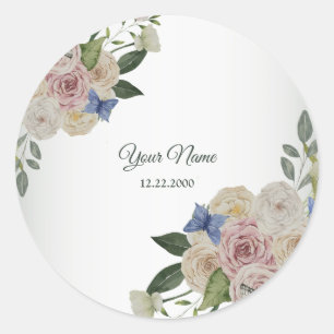 Sticker Rond Fête de mariage papillon bleu floral coloré vert