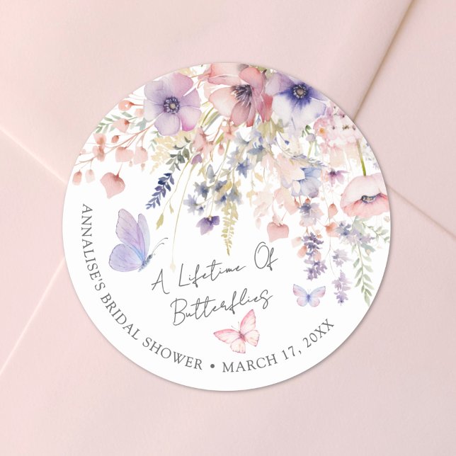 Sticker Rond Fête de mariage papillon fleur sauvage (Butterfly Wildflower Bridal Shower Classic Round Sticker )