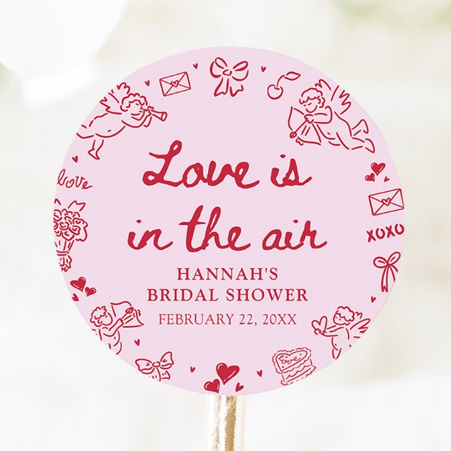 Sticker Rond Fête de mariage rose Saint Valentin l'amour est da (Pink Valentine Love is in the Air Bridal Shower Classic Round Sticker)