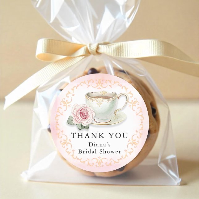 Sticker Rond Fête de Mariage Tea Party Merci Fleurs Roses (Thank You Tea Party Favor Sticker)