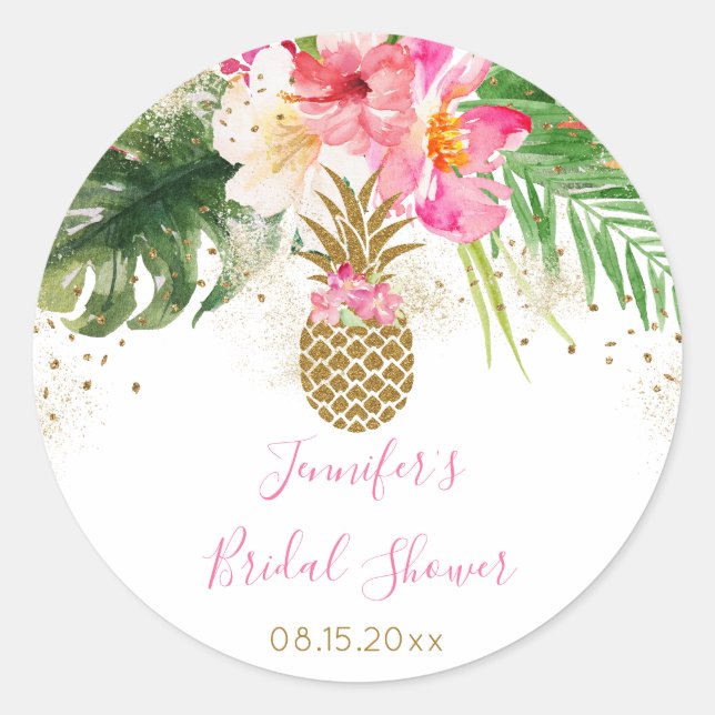 Sticker Rond Fête de mariage tropicale florale à l'ananas (Devant)
