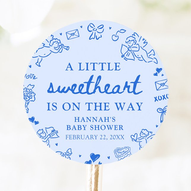Sticker Rond Fête de naissance Bébé Chéri à main levée pour la  (Hand Drawn Valentine Little Sweetheart Baby Shower Classic Round Sticke)