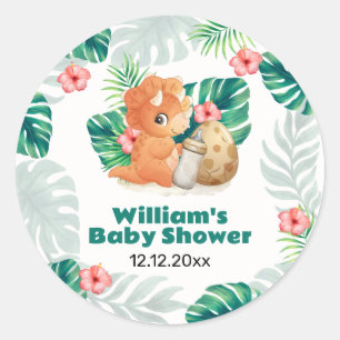Sticker Rond Fête de Naissance Bébé Dinosaure Fleur Tropicale É