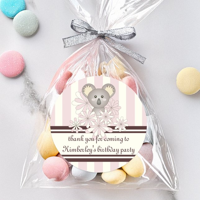 Sticker Rond Fête de naissance Bébé Fille Rose Pastel Koala / A (Créateur téléchargé)