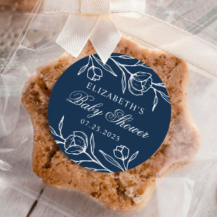 Sticker Rond Fête de Naissance Bébé Fleurie Esquissee Bleu Mari