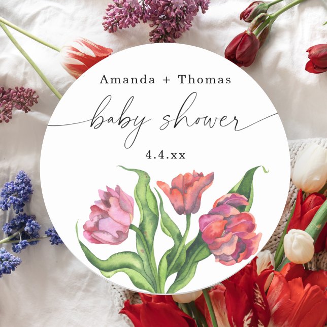Sticker Rond Fête de naissance bébé Fleurs rouges aquarelle (Créateur téléchargé)
