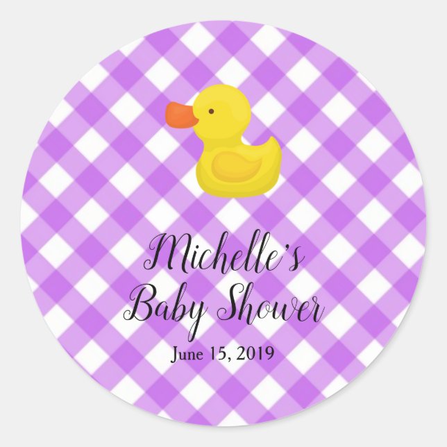 Sticker Rond Fête de naissance Canard en Caoutchouc Gingham Vio (Devant)