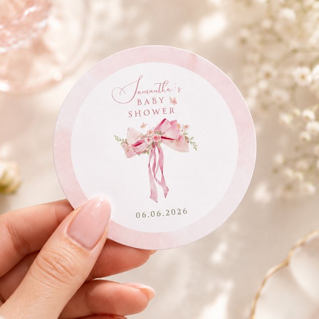 Sticker Rond Fête de naissance Coquette Rose Florale (Créateur téléchargé)