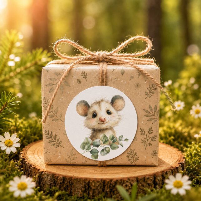 Sticker Rond Fête de naissance de l'opossum forestier • Neutre (Woodland Opossum Baby Shower • Neutral Classic Round Sticker)
