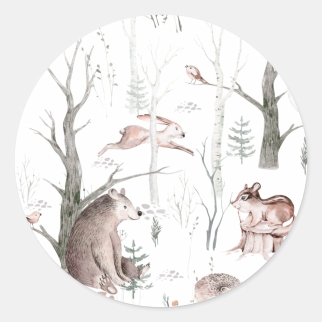 Sticker Rond Fête de naissance des amis de la forêt à l'aquarel (Devant)