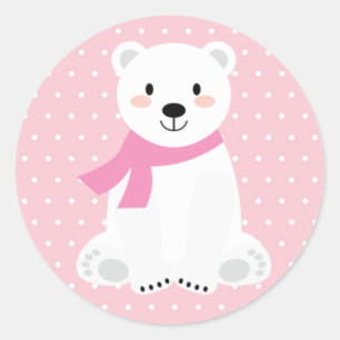 Sticker Rond Fête de naissance d'ours polaire fille Rose
