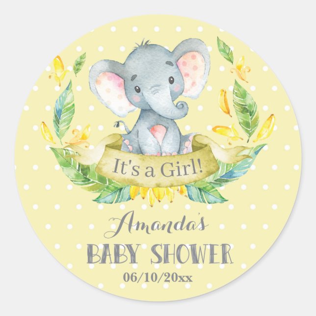 Sticker Rond Fête de naissance éléphant fille Jaune et Gris (Devant)