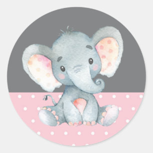 Sticker Rond Fête de naissance éléphant fille Rose et Gris