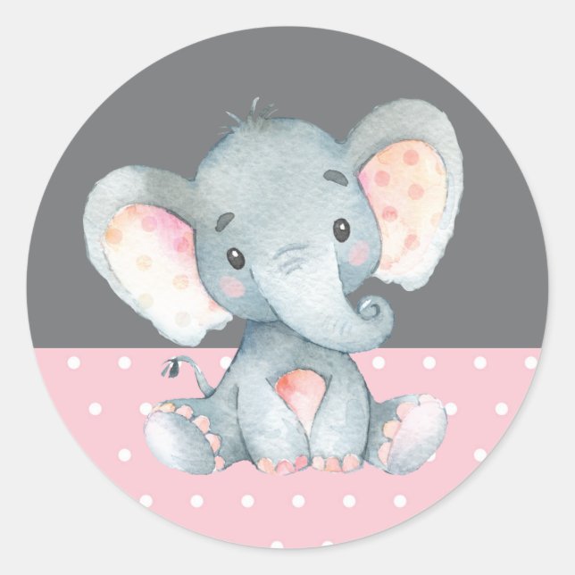 Sticker Rond Fête de naissance éléphant fille Rose et Gris (Devant)