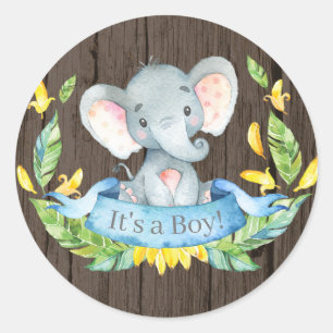 Sticker Rond Fête de naissance éléphant garçon rustique Bleu