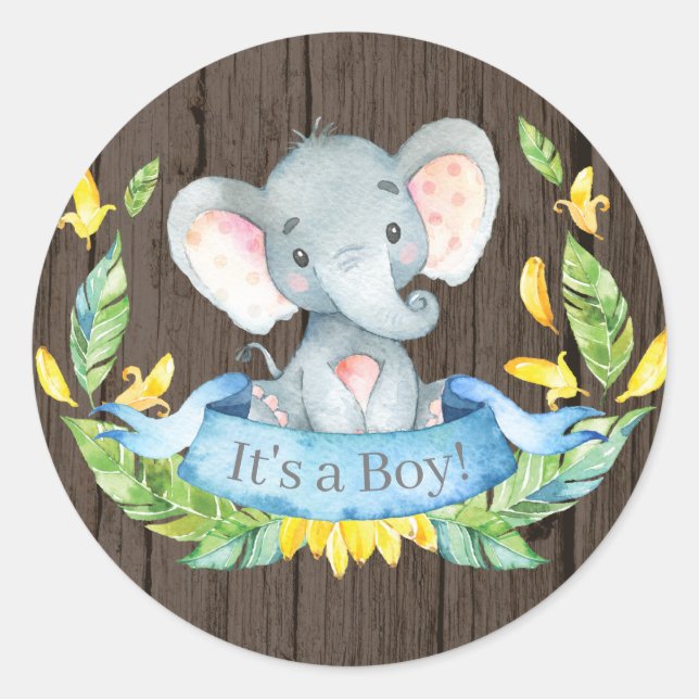 Sticker Rond Fête de naissance éléphant garçon rustique Bleu (Devant)