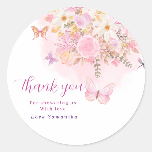 Sticker Rond Fête de naissance Fleur rose aquarelle papillon  (Devant)