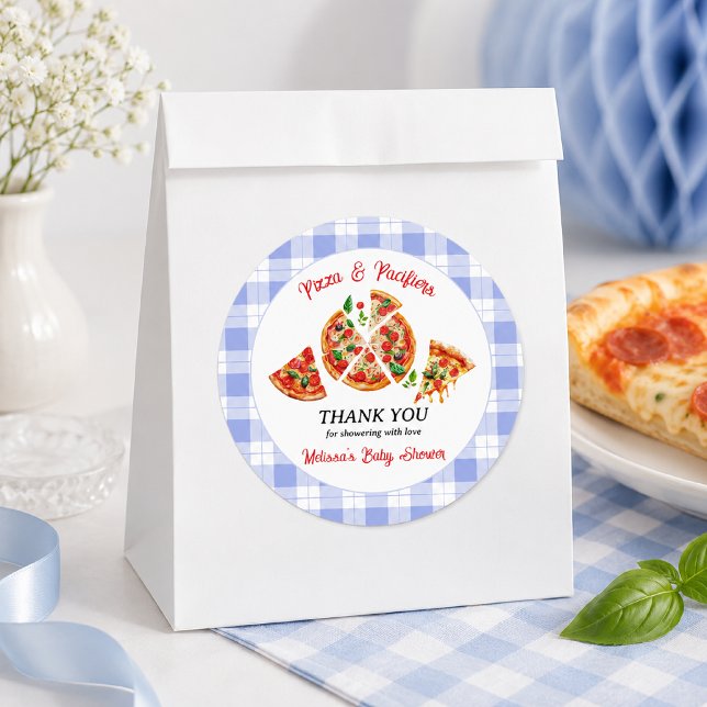 Sticker Rond Fête de naissance garçon Gingham Bleu Pizza et Tét (Créateur téléchargé)