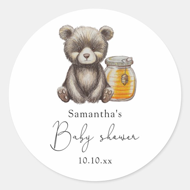Sticker Rond Fête de naissance ours en peluche et pot de miel (Devant)