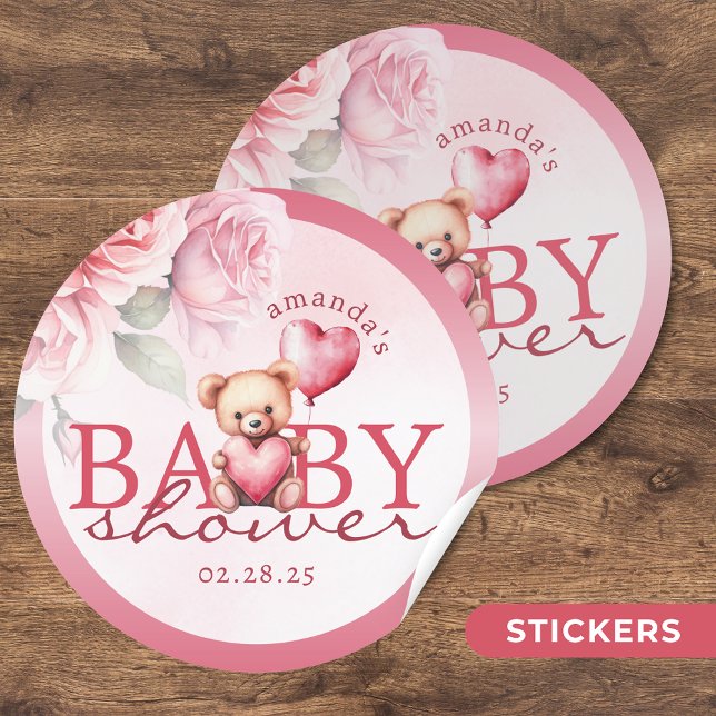 Sticker Rond Fête de naissance ourson à l'aquarelle rose pour l (Créateur téléchargé)