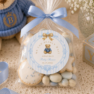Sticker Rond Fête de naissance ourson polo rayures bleues vinta