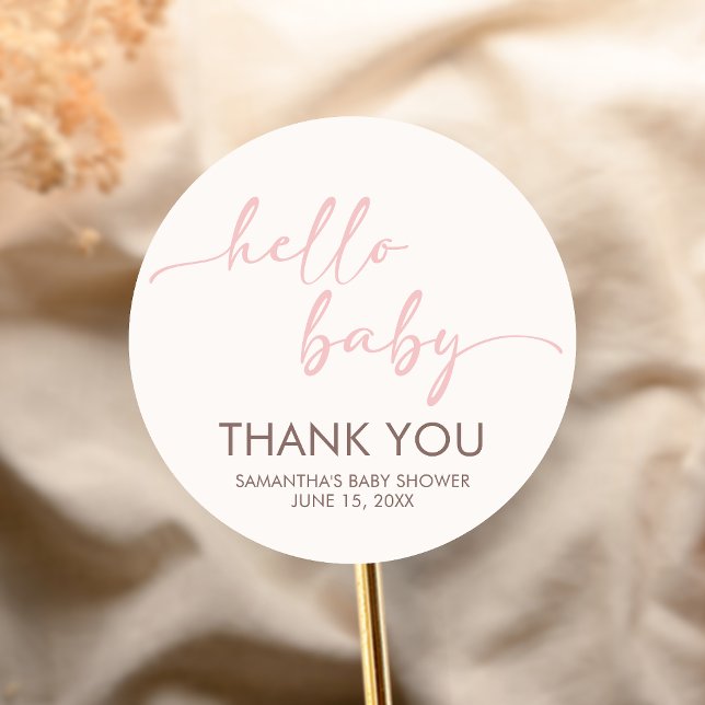 Sticker Rond Fête de naissance Rose Bonjour Bébé (Pink Hello Baby Minimalist Baby Shower Sticker)