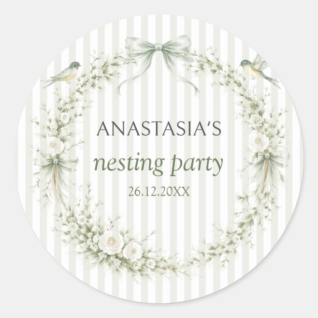 Sticker Rond Fête de nidification vert sauge Baby Shower (Devant)