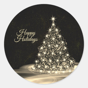 Sticker Rond Fête de Noël Arbre Brillant Doré Hiver Noir