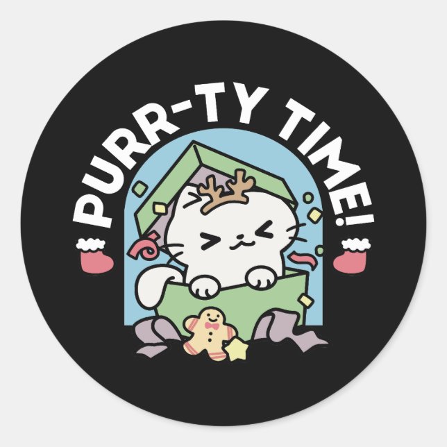 Sticker Rond Fête de Noël avec Purr-ty Time Cat (Devant)
