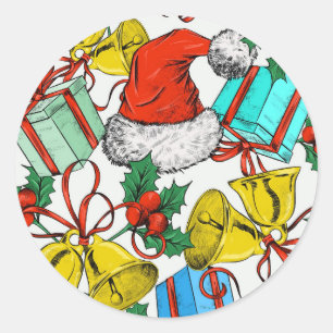 Sticker Rond Fête de Noël Cadeaux Colorés Chapeau Rouge Fêtes