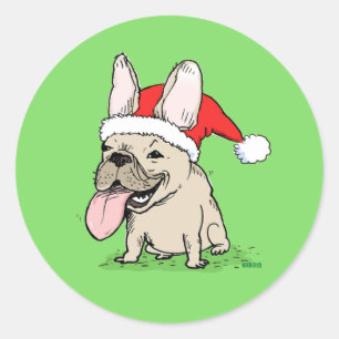 Sticker Rond Fête de Noël de Chien de taureaux français   Funny
