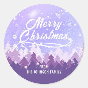 Sticker Rond Fête de Noël de la forêt paisible de neige violett