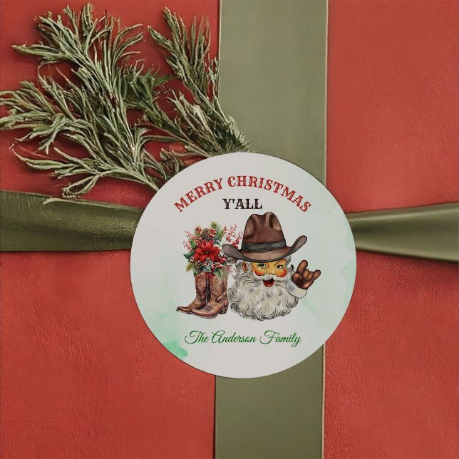 Sticker Rond Fête de Noël de Santa Cowboy occidental (Créateur téléchargé)