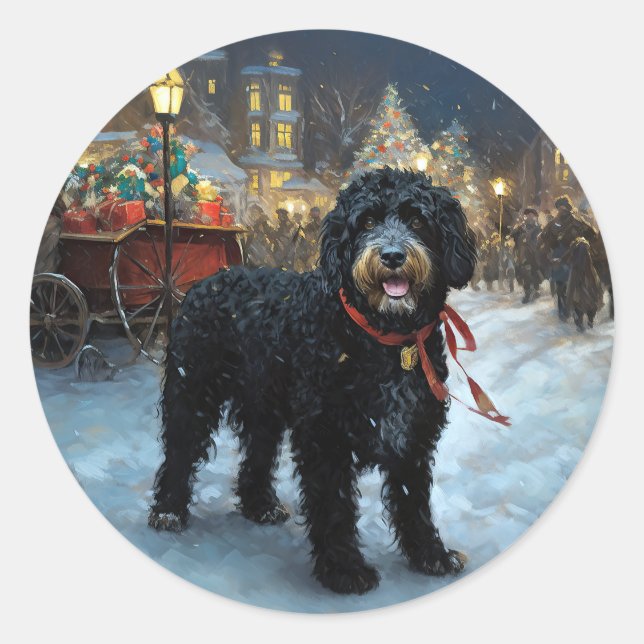 Sticker Rond Fête de Noël des chiens d'eau portugais (Devant)