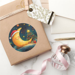 Sticker Rond Fête de Noël drôle Lune Galaxy