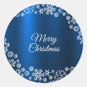 Sticker Rond Fête de Noël Flocons de Neige Blancs Bleu Nef