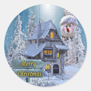 Sticker Rond Fête de Noël Hiver Blanc Bonhomme de Neige Bleu Ru